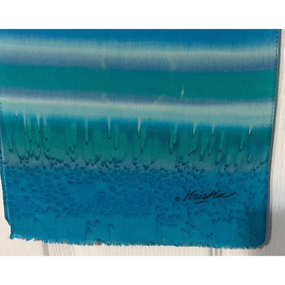 Krisna Hand Painted Blue Turquoise Teal Abstract Fringe Silk Scarf Artwear 8x42